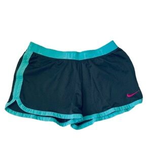 Nike Black Athletic Shorts with Teal Trim and Pink Swoosh Size M